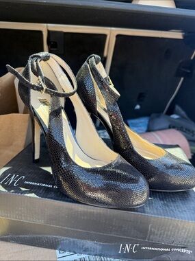 INC International Concepts Black Snake-Embossed Ankle-Strap High Heels